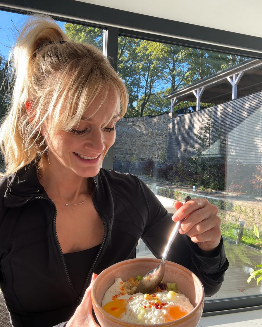 Alexa eating a bowl of savoury porridge